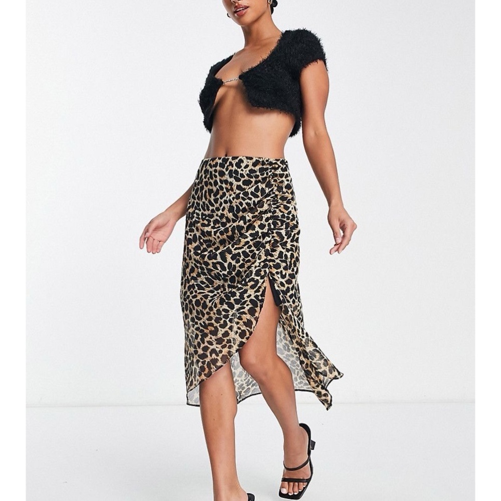 MISS SELFRIDGE CHIFFON RUCHED SIDE MIDI SKIRT (LEOPARD PRINT)